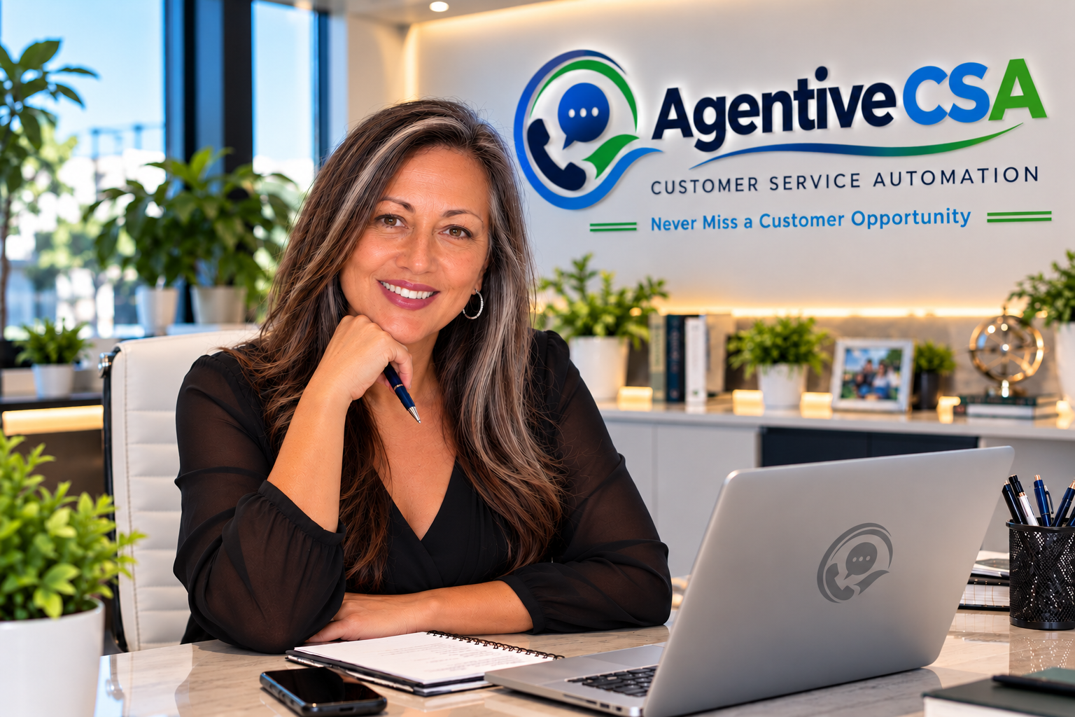 Agentive CSA customer service professional in branded office